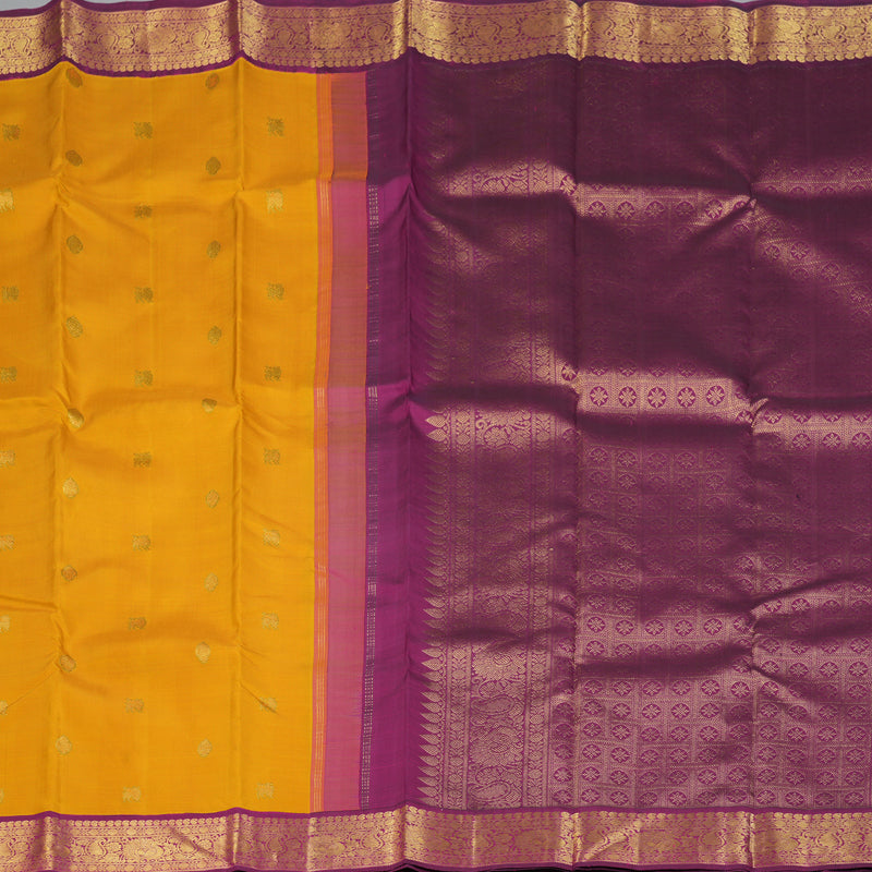 Hayagrivas Handloom Mustard Kanjivaram Silk Saree with Purple Border KBF151D13-8