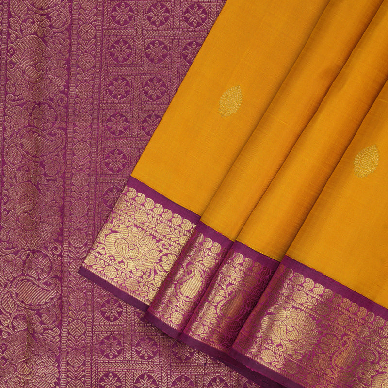 Hayagrivas Handloom Mustard Kanjivaram Silk Saree with Purple Border KBF151D13-8