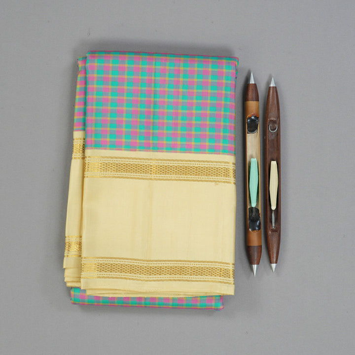 Hayagrivas Handloom Multicolour Checks Kanjivaram Silk Saree with Ivory Border KBF151D14-1