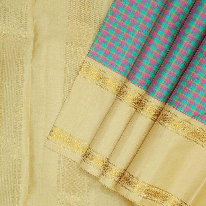 Hayagrivas Handloom Multicolour Checks Kanjivaram Silk Saree with Ivory Border KBF151D14-1