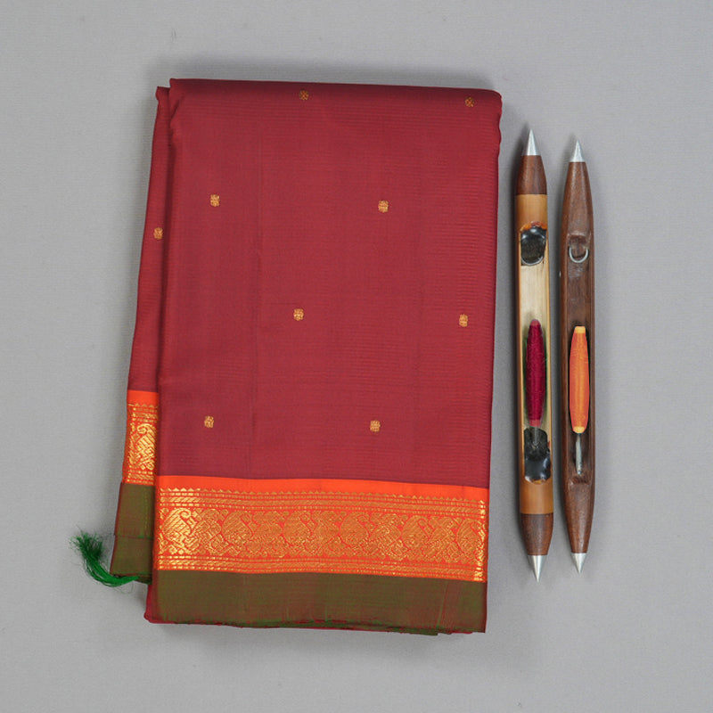 Hayagrivas Handloom Maroon Kanjivaram Silk Saree with Orange Border KBF153D1-2