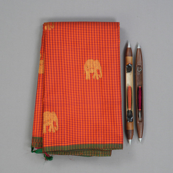 Hayagrivas Handloom Orange & Red Checks Kanjivaram Silk Saree KBF153D2-2