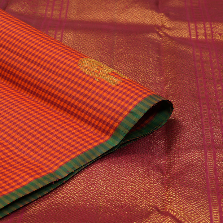 Hayagrivas Handloom Orange & Red Checks Kanjivaram Silk Saree KBF153D2-2