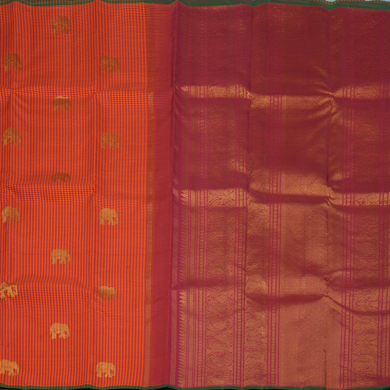 Hayagrivas Handloom Orange & Red Checks Kanjivaram Silk Saree KBF153D2-2