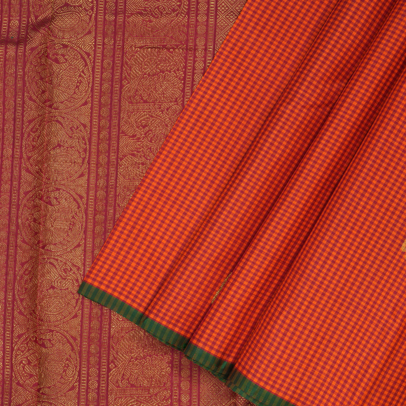 Hayagrivas Handloom Orange & Red Checks Kanjivaram Silk Saree KBF153D2-2
