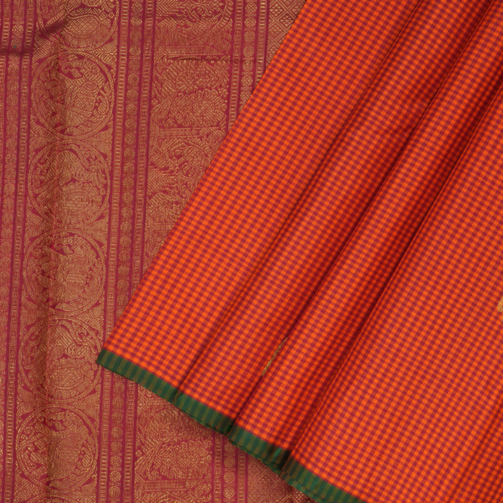 Hayagrivas Handloom Orange & Red Checks Kanjivaram Silk Saree KBF153D2-2