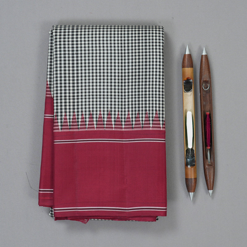 Hayagrivas Handloom Black & White Checks Kanjivaram Silk Saree with Maroon Border KBF153D5-3