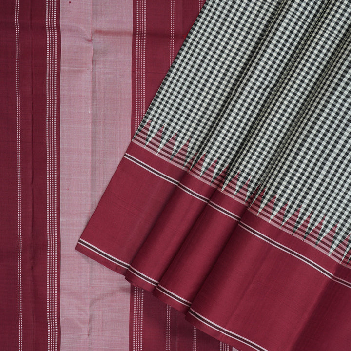Hayagrivas Handloom Black & White Checks Kanjivaram Silk Saree with Maroon Border KBF153D5-3
