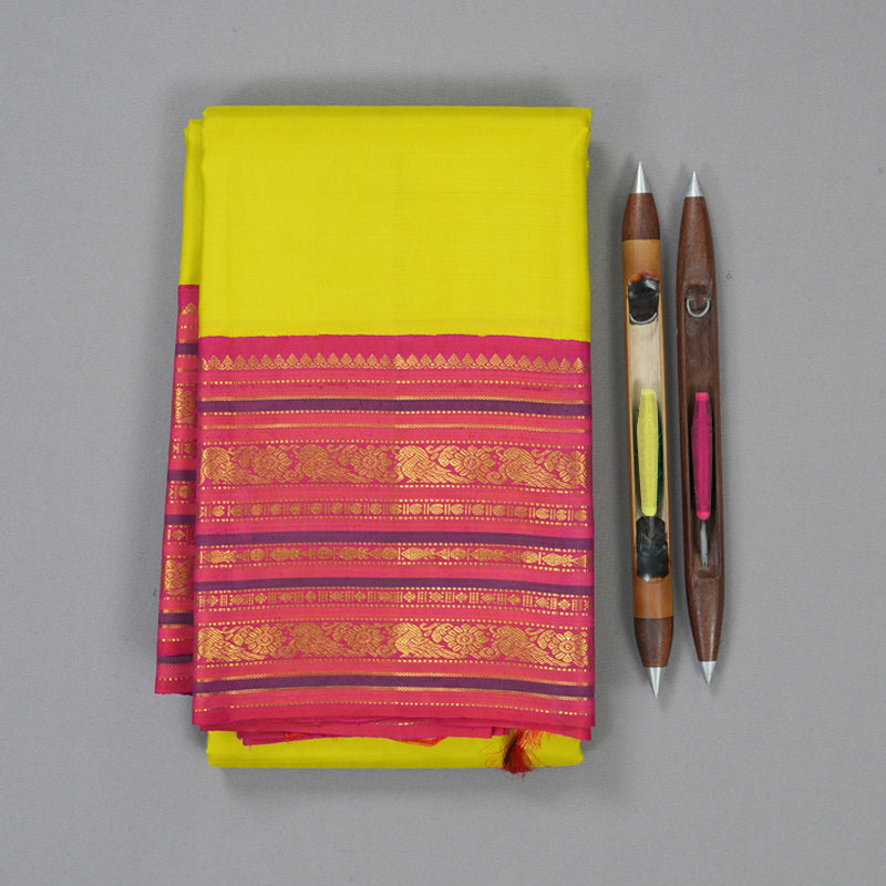 Hayagrivas Handloom Lime Yellow Kanjivaram Silk Saree with Pink Border KBF153D7-3