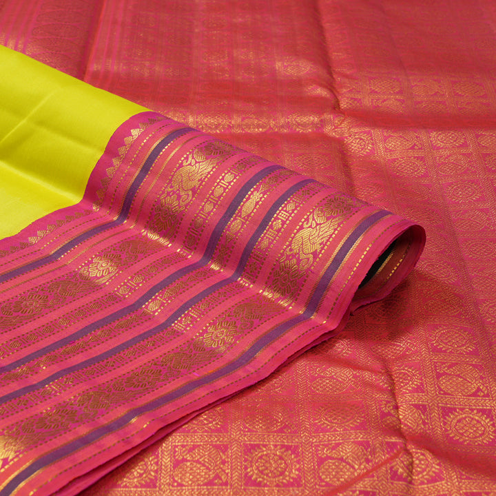 Hayagrivas Handloom Lime Yellow Kanjivaram Silk Saree with Pink Border KBF153D7-3