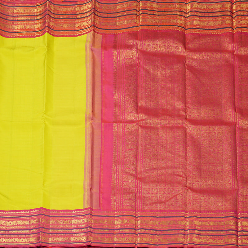 Hayagrivas Handloom Lime Yellow Kanjivaram Silk Saree with Pink Border KBF153D7-3