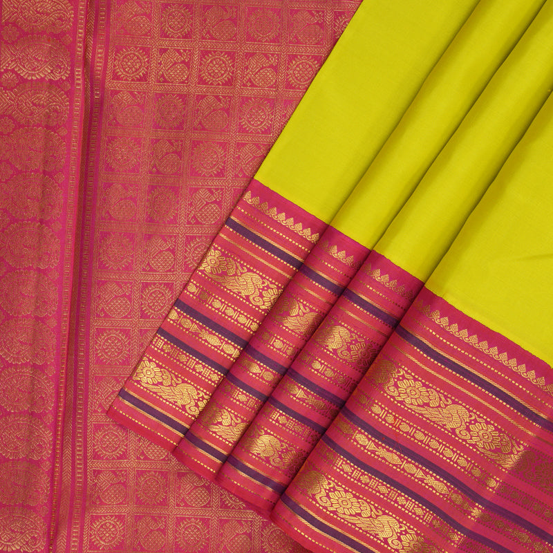 Hayagrivas Handloom Lime Yellow Kanjivaram Silk Saree with Pink Border KBF153D7-3