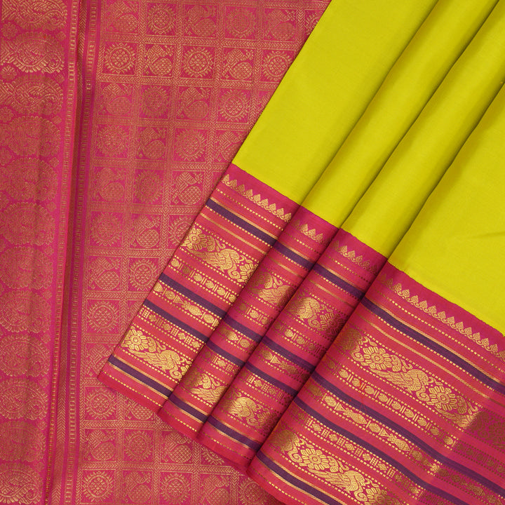 Hayagrivas Handloom Lime Yellow Kanjivaram Silk Saree with Pink Border KBF153D7-3