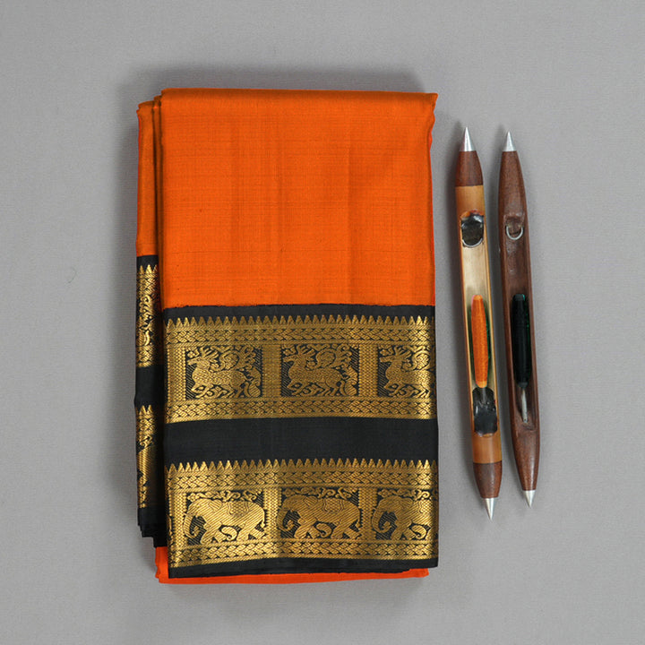 Hayagrivas Handloom Orange Kanjivaram Silk Saree with Black Border KBF155D1-2
