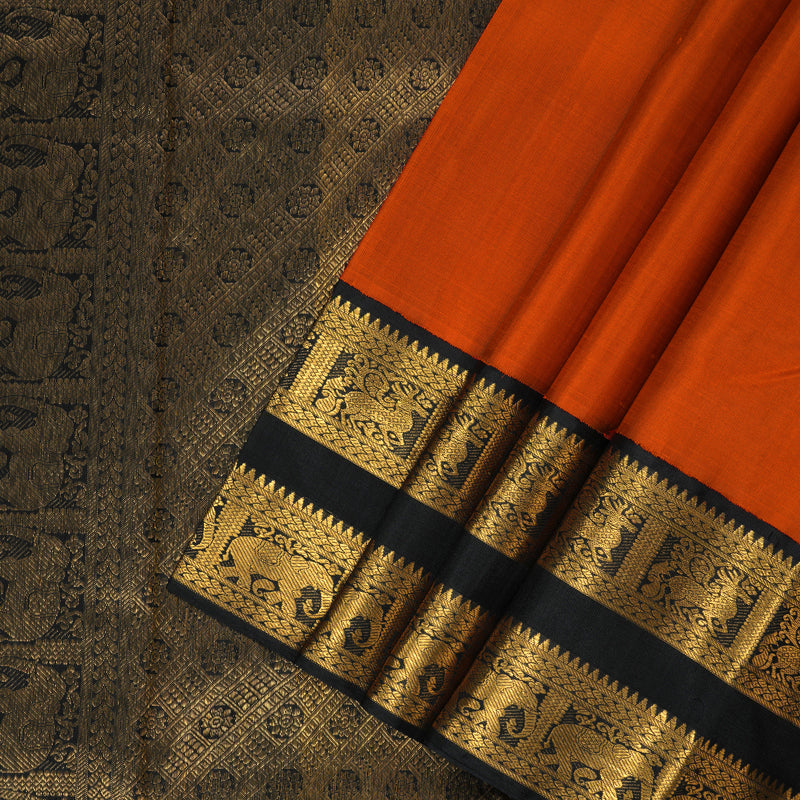 Hayagrivas Handloom Orange Kanjivaram Silk Saree with Black Border KBF155D1-2