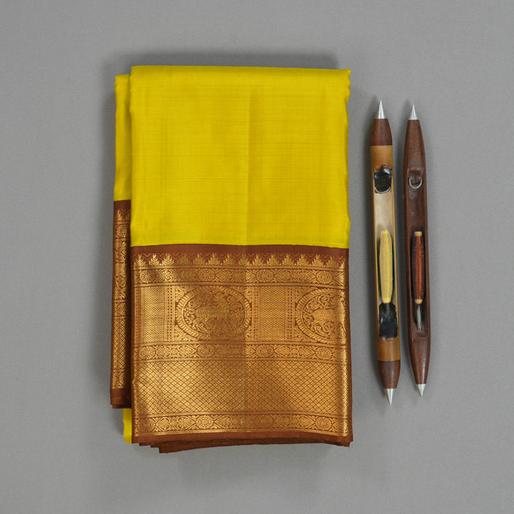 Hayagrivas Handloom Lemon Yellow Kanjivaram Silk Saree with Chocolate Brown Border KBF155D1-3