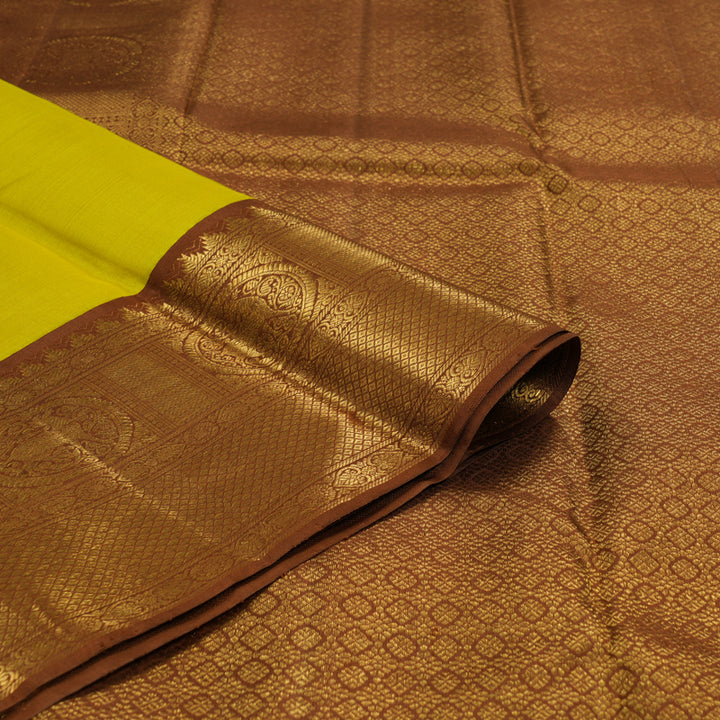 Hayagrivas Handloom Lemon Yellow Kanjivaram Silk Saree with Chocolate Brown Border KBF155D1-3