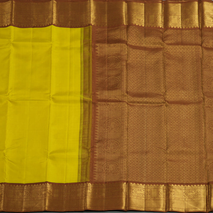 Hayagrivas Handloom Lemon Yellow Kanjivaram Silk Saree with Chocolate Brown Border KBF155D1-3