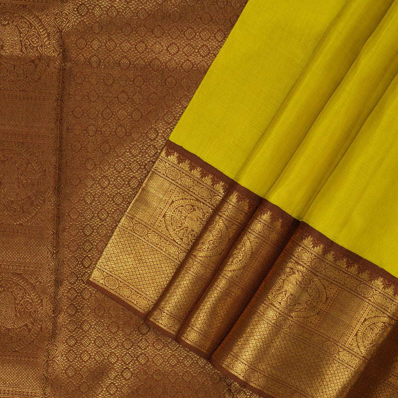 Hayagrivas Handloom Lemon Yellow Kanjivaram Silk Saree with Chocolate Brown Border KBF155D1-3