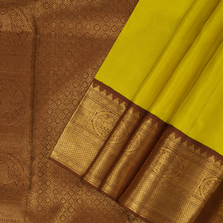 Hayagrivas Handloom Lemon Yellow Kanjivaram Silk Saree with Chocolate Brown Border KBF155D1-3