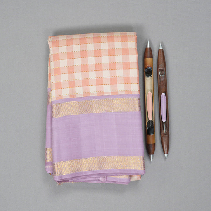Hayagrivas Handloom Cream & Peach Checks Kanjivaram Silk Saree KBF155D3-1