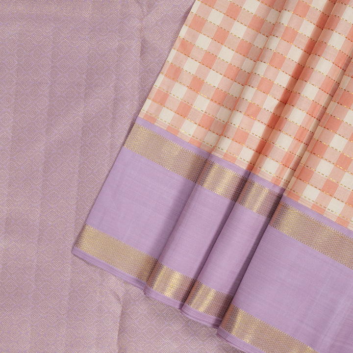 Hayagrivas Handloom Cream & Peach Checks Kanjivaram Silk Saree KBF155D3-1