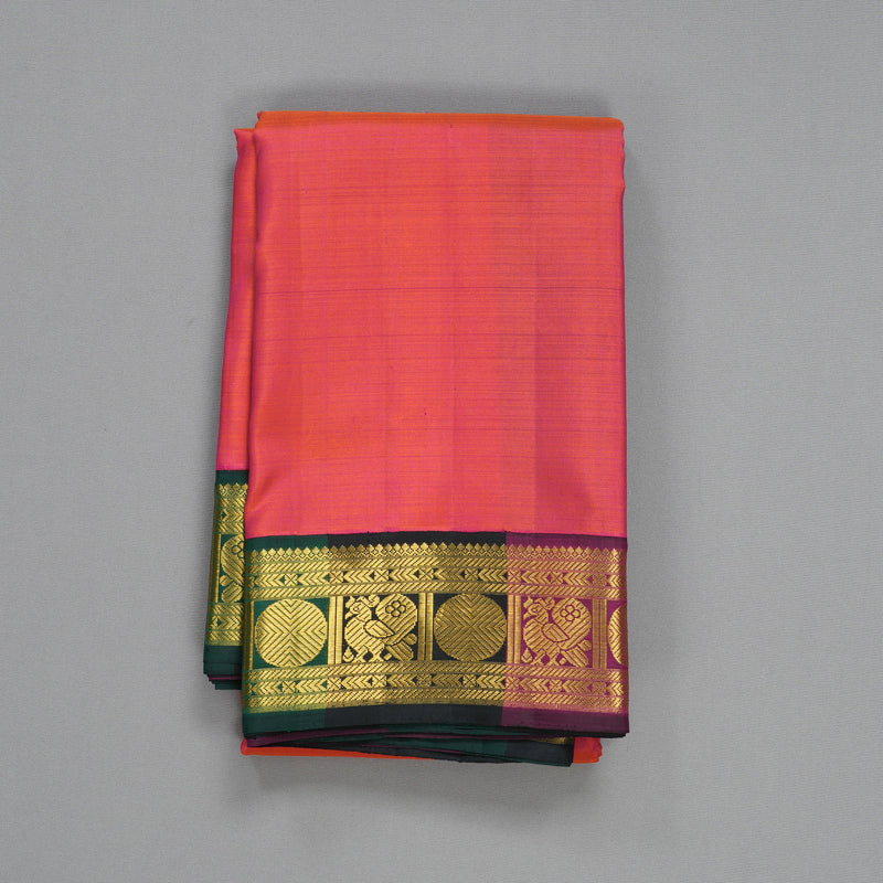 Hayagrivas Handloom Orangish-Pink Kanjivaram Silk Saree with Multicolour Border KBF155D4-1