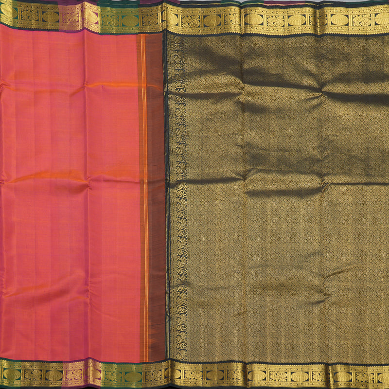 Hayagrivas Handloom Orangish-Pink Kanjivaram Silk Saree with Multicolour Border KBF155D4-1