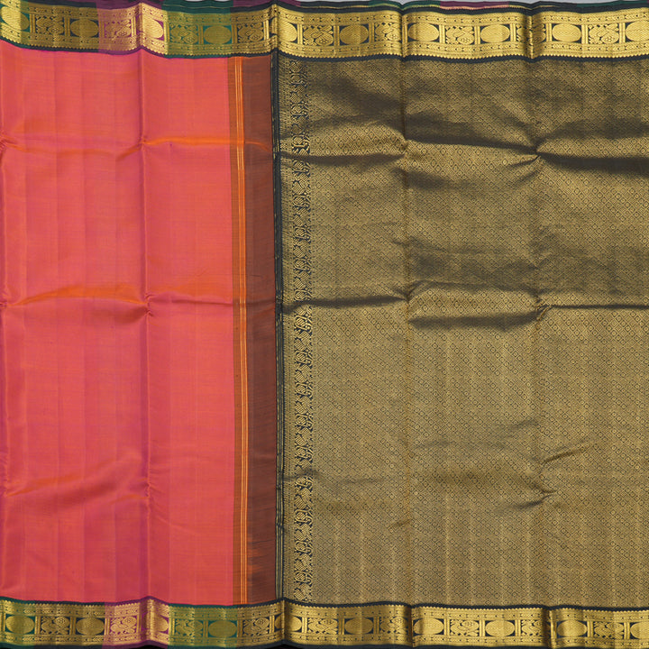Hayagrivas Handloom Orangish-Pink Kanjivaram Silk Saree with Multicolour Border KBF155D4-1
