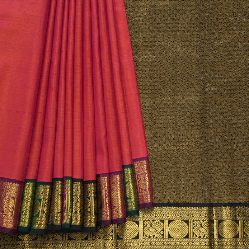 Hayagrivas Handloom Orangish-Pink Kanjivaram Silk Saree with Multicolour Border KBF155D4-1