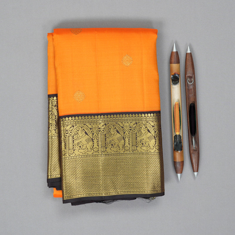 Hayagrivas Handloom Mambazham Orange Kanjivaram Silk Saree with Kanchana Brown Border KBF156D1-1
