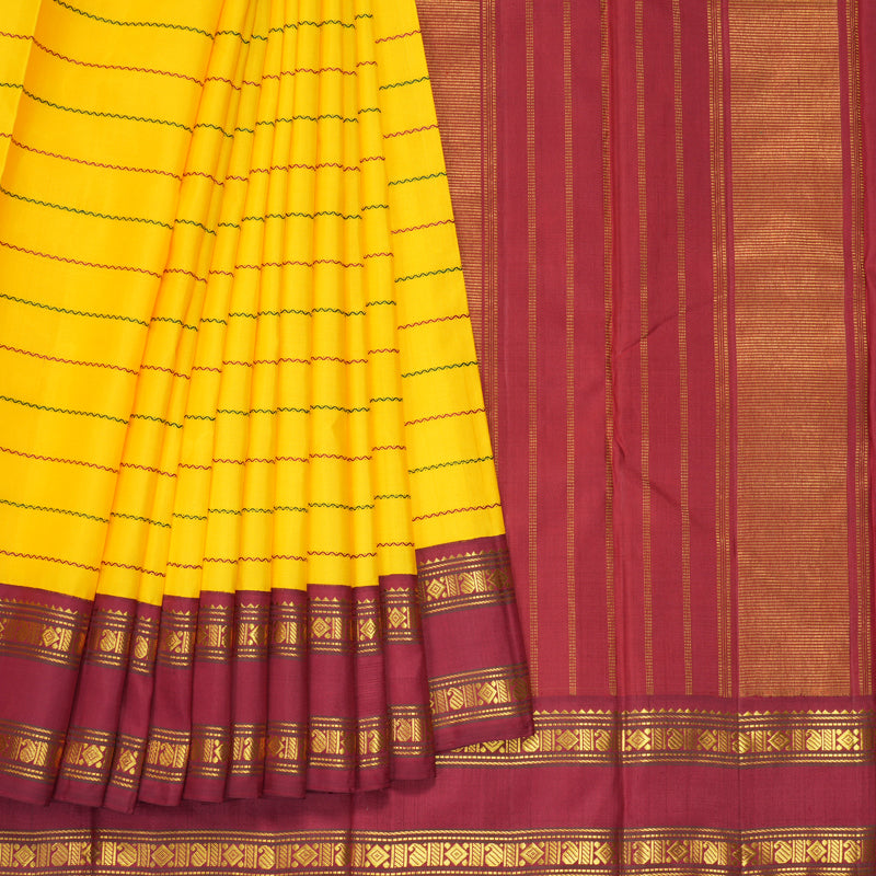 Hayagrivas Handloom Yellow Kanjivaram Silk Saree with Ganga Jamuna Border KBF156D7-1