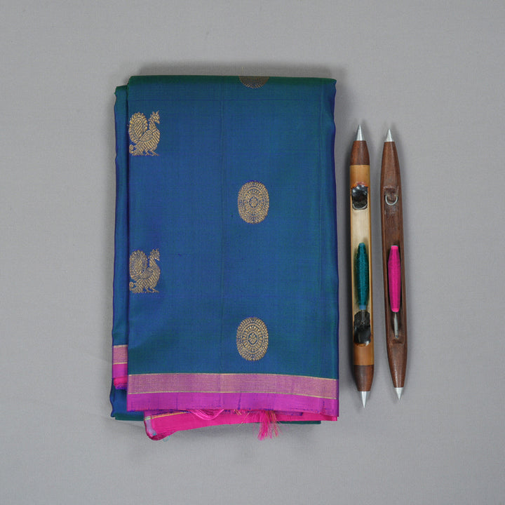 Hayagrivas Handloom Peacock Blue Kanjivaram Silk Saree with Rani Pink Border KBF157D1-1