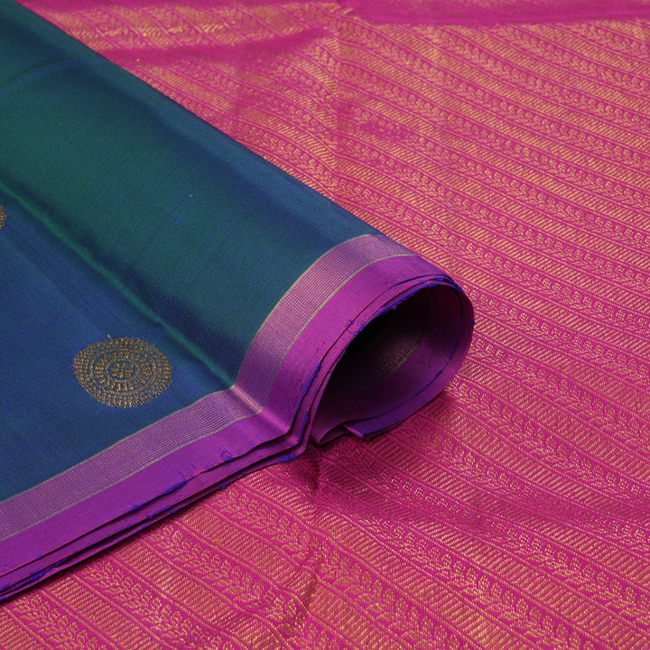 Hayagrivas Handloom Peacock Blue Kanjivaram Silk Saree with Rani Pink Border KBF157D1-1