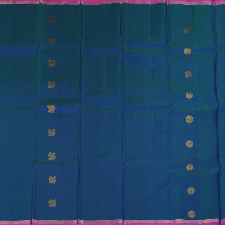 Hayagrivas Handloom Peacock Blue Kanjivaram Silk Saree with Rani Pink Border KBF157D1-1