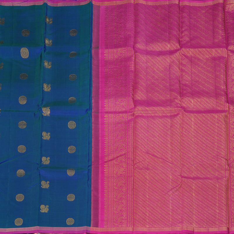 Hayagrivas Handloom Peacock Blue Kanjivaram Silk Saree with Rani Pink Border KBF157D1-1