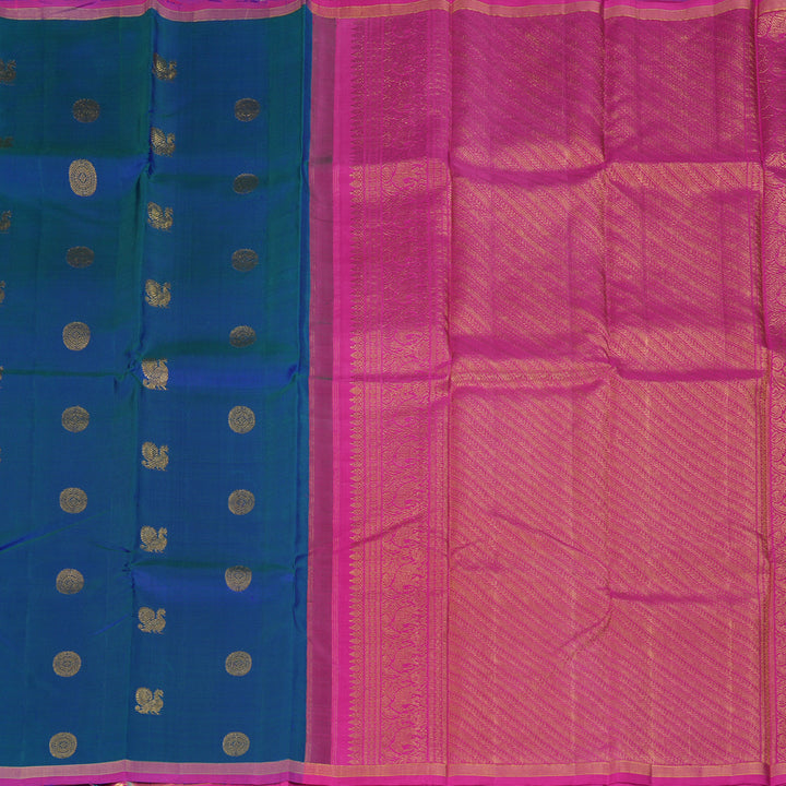 Hayagrivas Handloom Peacock Blue Kanjivaram Silk Saree with Rani Pink Border KBF157D1-1