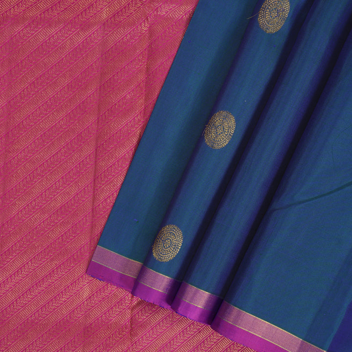 Hayagrivas Handloom Peacock Blue Kanjivaram Silk Saree with Rani Pink Border KBF157D1-1