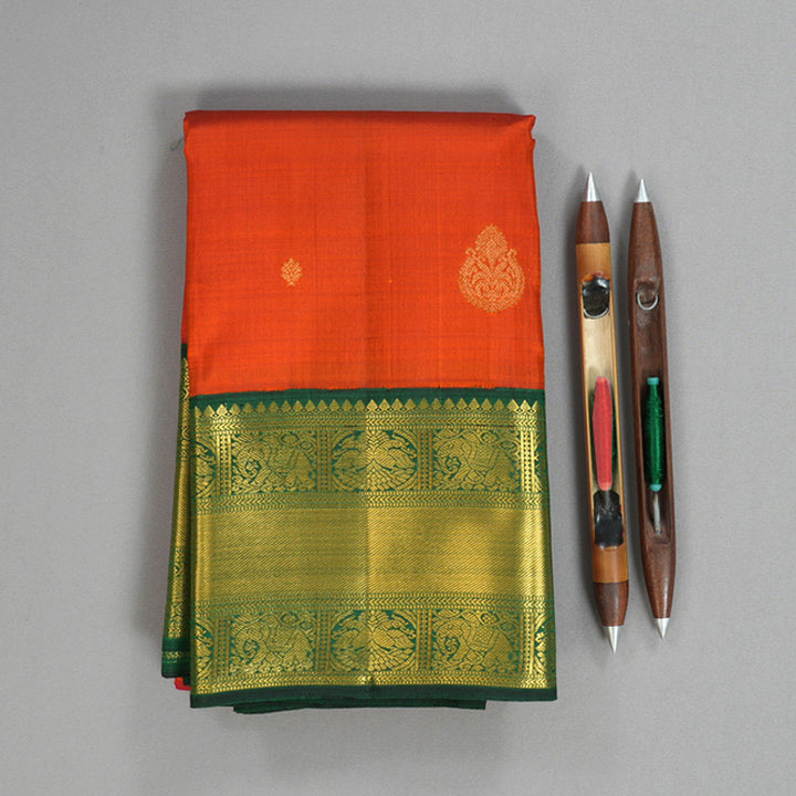 Hayagrivas Handloom Rust Orange Kanjivaram Silk Saree with Bottle Green Border KBF157D8-2