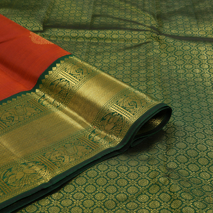 Hayagrivas Handloom Rust Orange Kanjivaram Silk Saree with Bottle Green Border KBF157D8-2