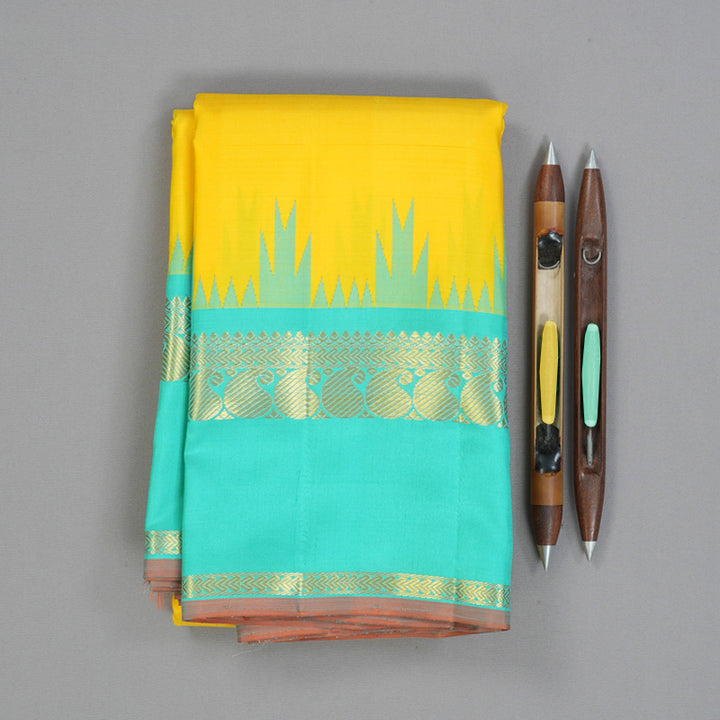 Hayagrivas Handloom Lemon Yellow Kanjivaram Silk Saree with Bright Teal Border KBF159D2-1