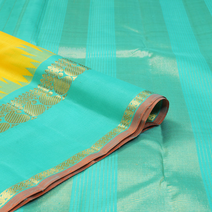 Hayagrivas Handloom Lemon Yellow Kanjivaram Silk Saree with Bright Teal Border KBF159D2-1