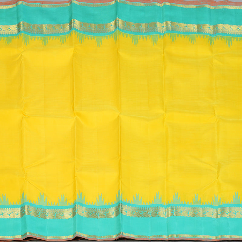 Hayagrivas Handloom Lemon Yellow Kanjivaram Silk Saree with Bright Teal Border KBF159D2-1