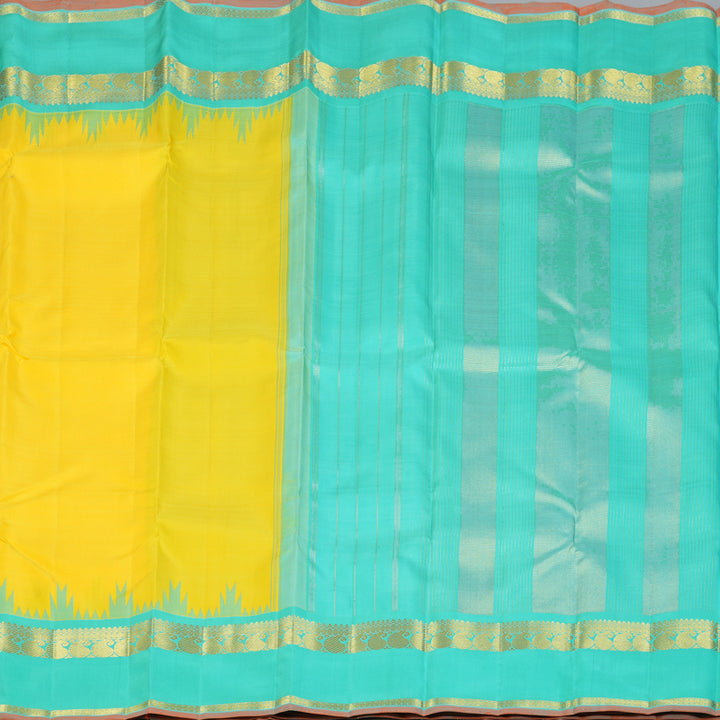 Hayagrivas Handloom Lemon Yellow Kanjivaram Silk Saree with Bright Teal Border KBF159D2-1