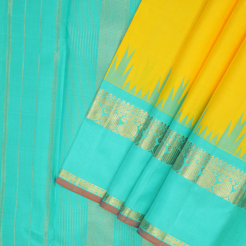Hayagrivas Handloom Lemon Yellow Kanjivaram Silk Saree with Bright Teal Border KBF159D2-1