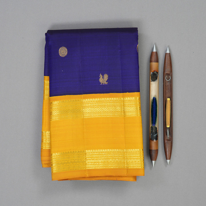 Hayagrivas Handloom MS Blue Kanjivaram Silk Saree with Mango Yellow Border KBF15D1-2