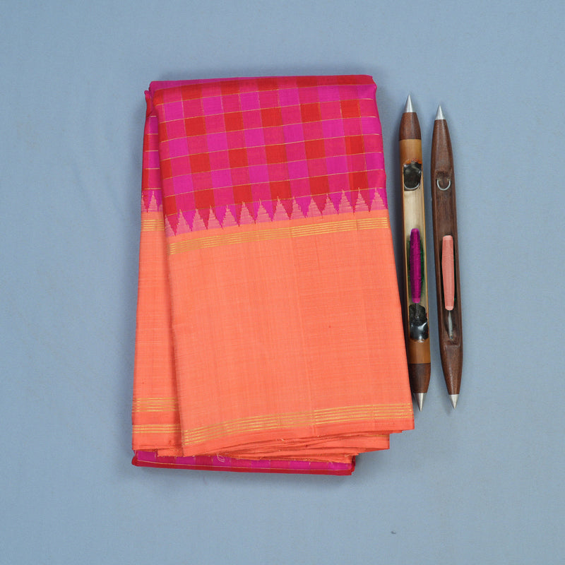 Hayagrivas Handloom Red & Pink Checks Kanjivaram Silk Saree with Peach Pink Border KBF15D5-1