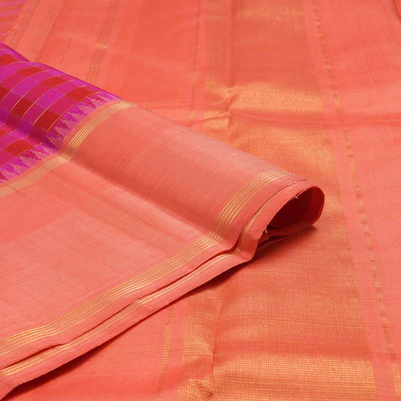 Hayagrivas Handloom Red & Pink Checks Kanjivaram Silk Saree with Peach Pink Border KBF15D5-1