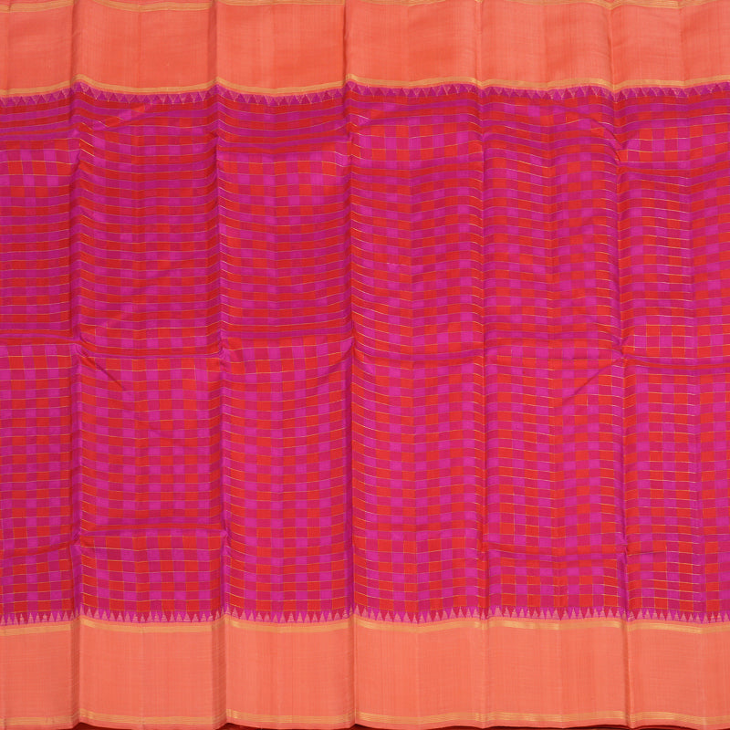 Hayagrivas Handloom Red & Pink Checks Kanjivaram Silk Saree with Peach Pink Border KBF15D5-1