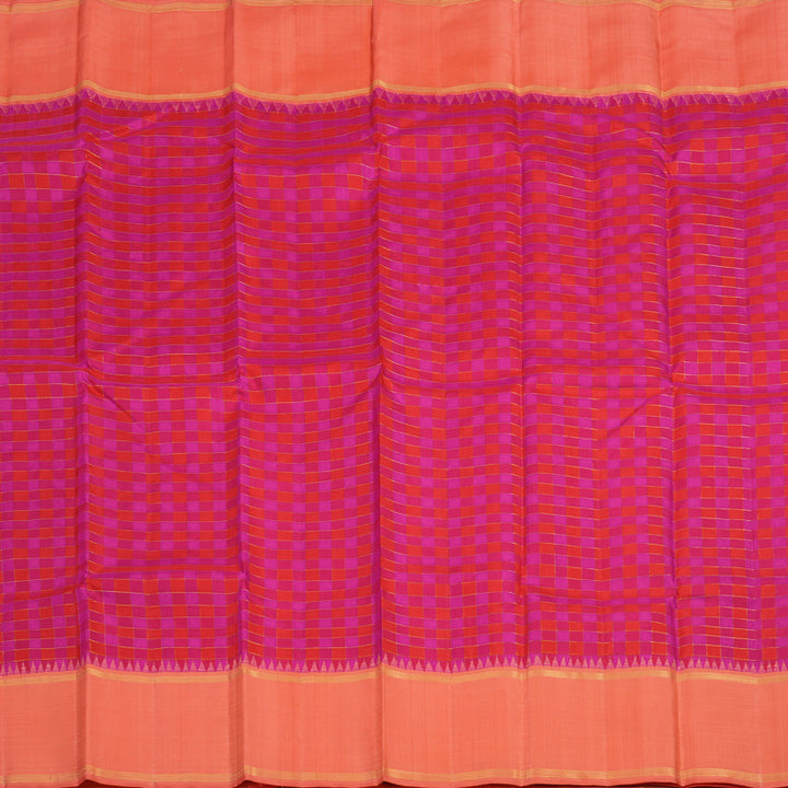 Hayagrivas Handloom Red & Pink Checks Kanjivaram Silk Saree with Peach Pink Border KBF15D5-1